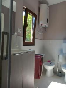 a bathroom with a sink and a toilet and a window at Casa Gina in Castelbianco