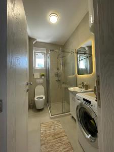 a bathroom with a shower toilet and a washing machine at Dalupada Apartments in Zgrada +37 photos