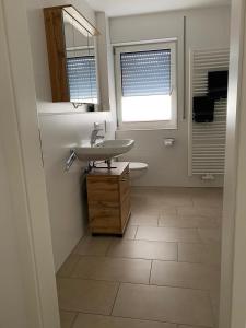 a bathroom with a sink and a mirror at Velburger Ferienhaus 23 in Velburg +42 photos
