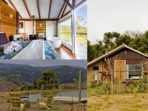 a collage of three pictures of a house at Chalés Altos da Serra - Chalé Pinhão em Urubici SC in Urubici