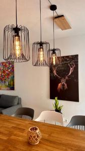 a dining room with a table with three lights at AMAO-Curry - City Center - 100 m2 - 7 Personen - Balkon - 2 Schlafzimmer - KingSize Betten in Lahr