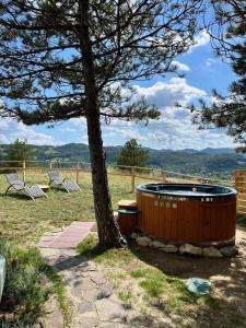 a hot tub sitting next to a tree in a field at Bubble Room Experience in Casteldelci