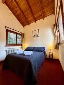 a bedroom with a bed with blue sheets and a window at Nevada Hostel in San Carlos de Bariloche +38 photos