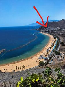 Blick auf einen Strand mit einem roten Pfeil in der Unterkunft Perro y Osito Coliving - San Andrés in San Andrés