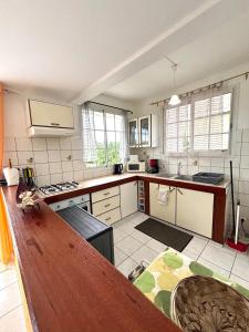 a large kitchen with a counter top in a room at Maison charmante avec jardin clos à Sainte-Anne in Sainte-Anne +19 photos