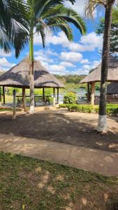a park with two picnic tables and palm trees at Mutanda Georgie's Bar & Grill in Mutanda