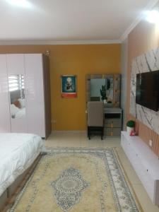 a bedroom with a bed and a desk and a tv at Ensuit Apartment in Ibadan