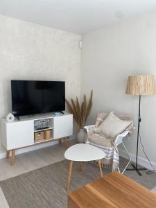 a living room with a tv and a chair at Aparthaus Olive in Torrevieja