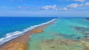 eine Luftansicht auf einen Strand mit türkisfarbenem Wasser in der Unterkunft The Sunrise at Cottages in Sand Bluff