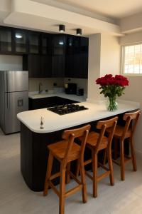 a kitchen with a center island with a vase of red roses at Luz Y Diseño in Santa Rosa de Cabal