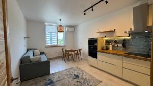 a kitchen and living room with a couch and a table at Затишне місце біля парку in Kyiv