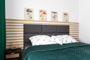 维斯瓦River Park Wisła - Golden Forest的一间卧室配有一张带黑色床头板的绿色床