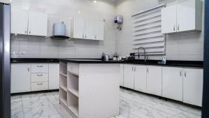 MaiyegunにあるDreamscape luxurious 3 bedroom apartments in lekkiの白いキャビネットと黒いカウンタートップを備えたキッチン
