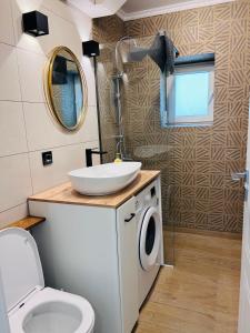 a bathroom with a toilet and a sink at Premium Apartment Turda in Turda +32 photos