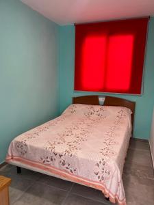 VillaminayaにあるCasa de huéspedesの赤い窓付きの部屋のベッド1台
