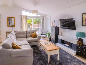 Una sala de estar con un sofá y un televisor. en Cedar 1, en Lyme Regis