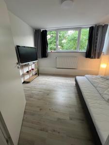 a bedroom with a bed and a flat screen tv at Ferienwohnung Bad Driburg in Bad Driburg