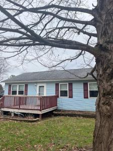 a blue house with a porch and a tree at Blue Cottage with Game Room Deck & Hot Tub in Logan +39 photos
