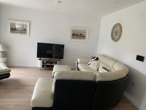 a living room with a couch and a tv at Bushmills Boutique Apartment in Bushmills
