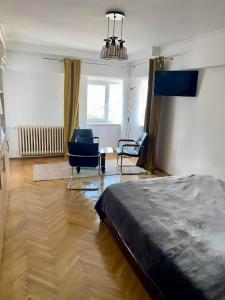 Habitación con cama y silla. en Propriete Ten, en Iaşi