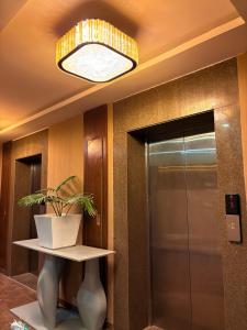 a potted plant sitting on a shelf next to a elevator at Skydeck by 2nd Homes in Dehradun