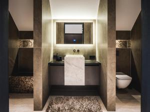 a bathroom with a sink and a toilet and a mirror at Luxe Poolhouse Ouddorp in Ouddorp +15 photos