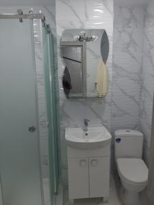 a bathroom with a toilet and a sink and a mirror at Apartment Uman in Uman