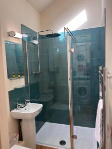 ein Badezimmer mit Dusche, Waschbecken und Toilette in der Unterkunft Maristow Cottages, overlook Tamar Valley Dartmoor in Plymouth