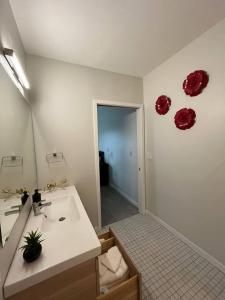a bathroom with a sink and a mirror at Red Velvet Studio in Des Moines +23 photos
