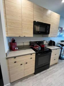 a kitchen with a stove and a microwave at Red Velvet Studio in Des Moines