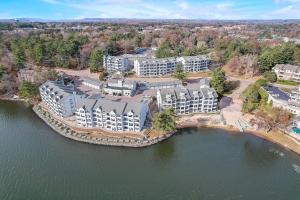an aerial view of a resort on the water at Dells Lakefront Luxe Haven in Wisconsin Dells