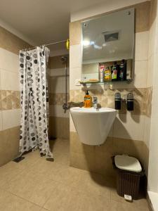 a bathroom with a sink and a shower at SkyLuxe Studio 2 with rooftop Pool & Self Check In in Islamabad
