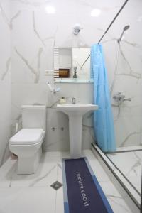 Un baño blanco con inodoro y lavabo. en Daisy Hotel Kutaisi, en Kutaisi