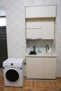 una cocina con lavadora y fregadero en Daisy Hotel Kutaisi, en Kutaisi 4 fotos más
