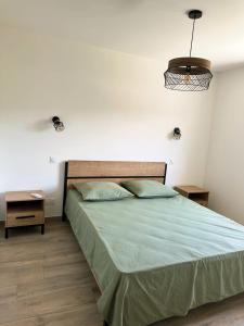 a bedroom with a bed with a green comforter at Logement indépendant avec piscine privée in Penta-di-Casinca