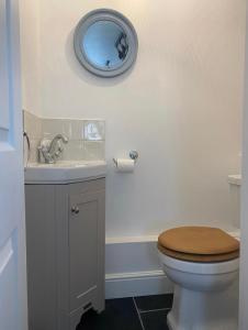 a bathroom with a toilet and a sink and a mirror at Bimble Cottage-2 beds-Gorgeous Sunny Garden in Topsham +18 photos