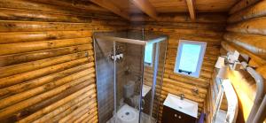 a bathroom in a log cabin with a shower and a sink at Cabaña Villa Ventana - Chingolo Nido in Villa Ventana