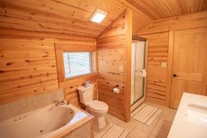 a log cabin bathroom with a toilet and a tub at Adventure Cabin! Fire Pit, State Park, Fishing, Mtn Views, Hot Tub, WiFi in Jefferson +38 photos