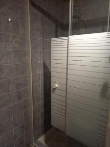 eine Dusche mit Glastür im Badezimmer in der Unterkunft appartement les belettes chaleureux et cosy in Peisey-Nancroix