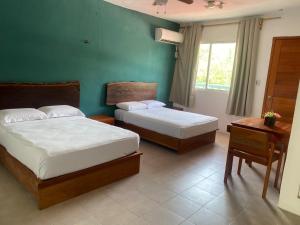two beds in a room with green walls and a table at Hotel luz de luna in Mahahual