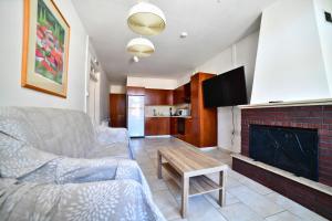 a living room with a couch and a fireplace at Laouri Traditional 2-Bedroom in Kalopanayiotis in Kalopanayiotis