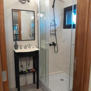 un baño con ducha y lavabo en ARWEN Suites 2, en Trevelín