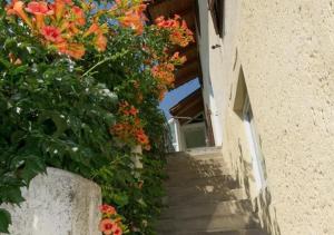 a stairway with flowers on the side of a building at Gästehaus Zugal in Caldaro