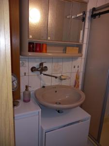 a bathroom with a sink and a mirror at Ferien- und Monteurwohnung Kieß  +6 photos