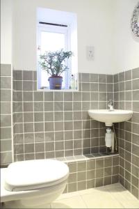 een badkamer met toilet, wastafel en raam bij Box Cottage in Snape +5 foto's