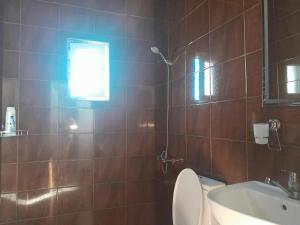 a bathroom with a toilet and a sink and a window at აგარაკი ციხისძირში - Country House in Tsikhisdziri 