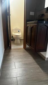 a bathroom with a toilet and wooden cabinets at Hotel oasis Sevilla Valle in Sevilla +5 photos