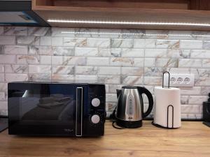 Il comprend une cuisine équipée d'un four micro-ondes et d'une cafetière. dans l'établissement Apartman NIKOLINA, à Vrnjačka Banja