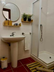 a bathroom with a sink and a shower with a mirror at Casa Almaraz in Reguengos de Monsaraz