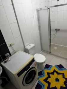 a bathroom with a washing machine and a toilet at Green AirPort apart in Arnavutköy